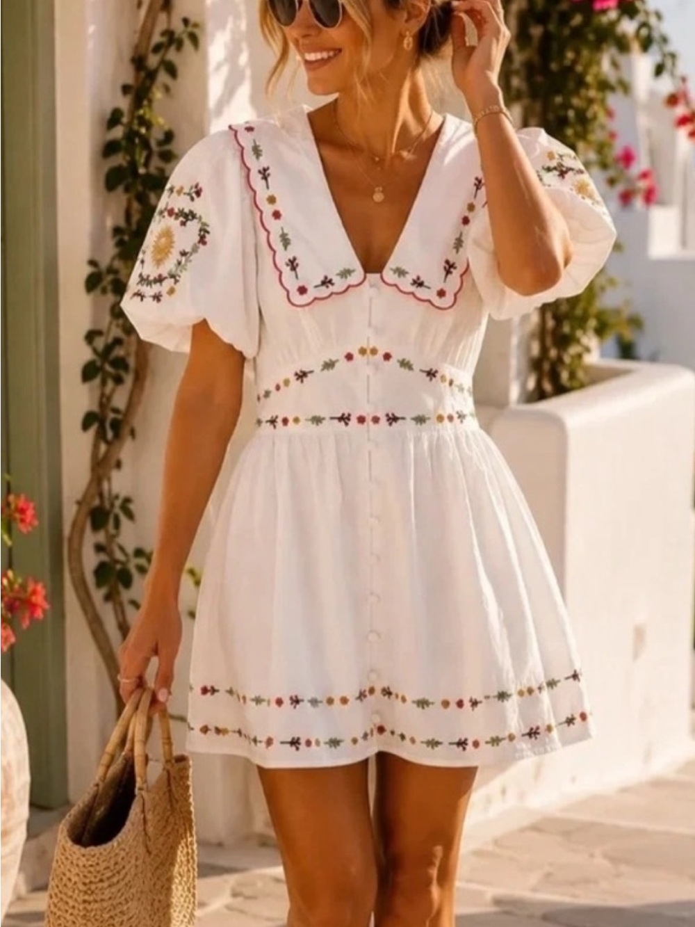 NWT Caroline Constas Grecian Inspired Embroidered Puff-Sleeve Mini Dress | 8